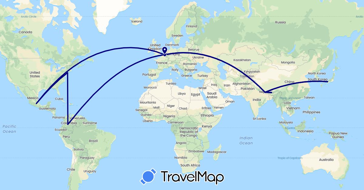 TravelMap itinerary: driving in Belgium, Bhutan, China, Colombia, Japan, Mexico, Nepal, United States (Asia, Europe, North America, South America)